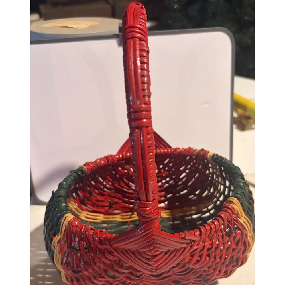 Vintage Woven Wicker Basket Red Green Tan Small Decorative Holiday Gift Basket